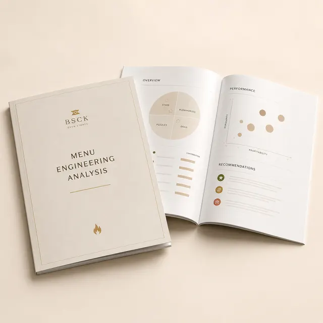 A printed menu-engineering analysis document with annotated menu items