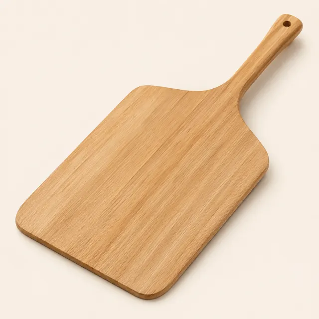 A wooden oven paddle with a wide flat blade and long handle