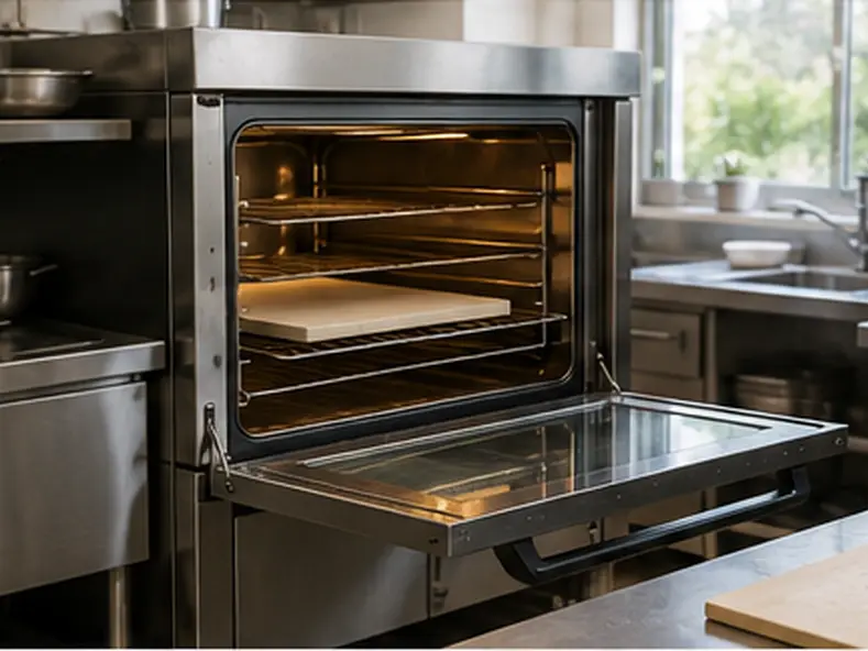 A commercial kitchen with a baking stone on the rack of a standard stainless oven, a second stone on the prep counter