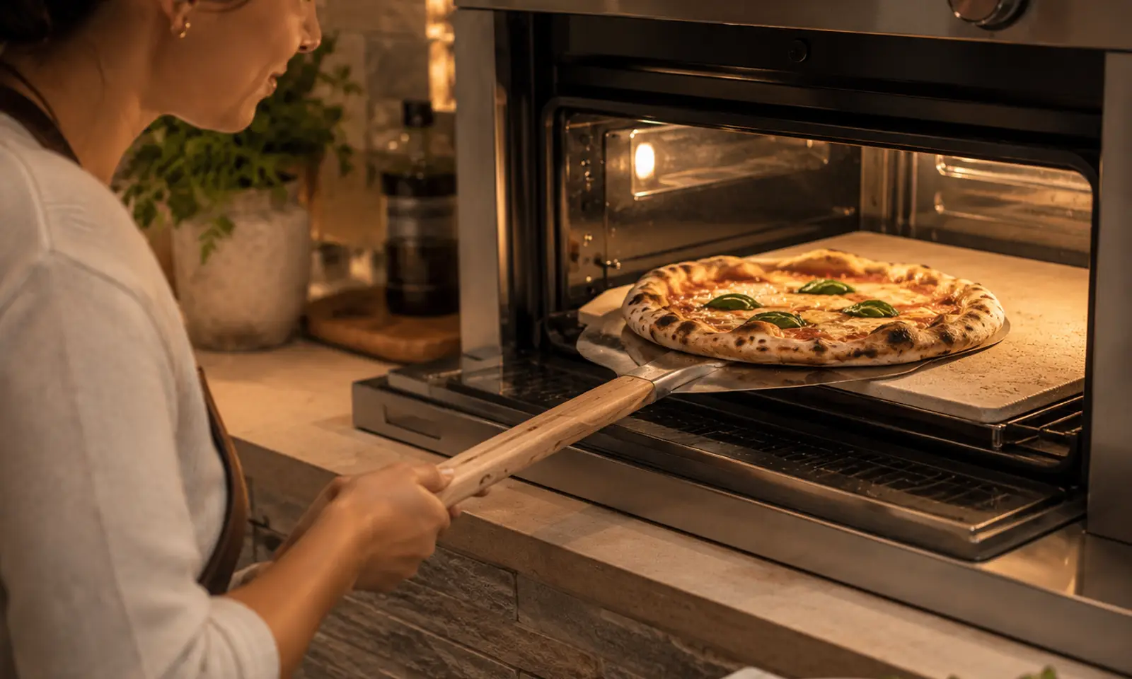 A home cook slides a pizza onto a fitted baking stone inside a home wall oven