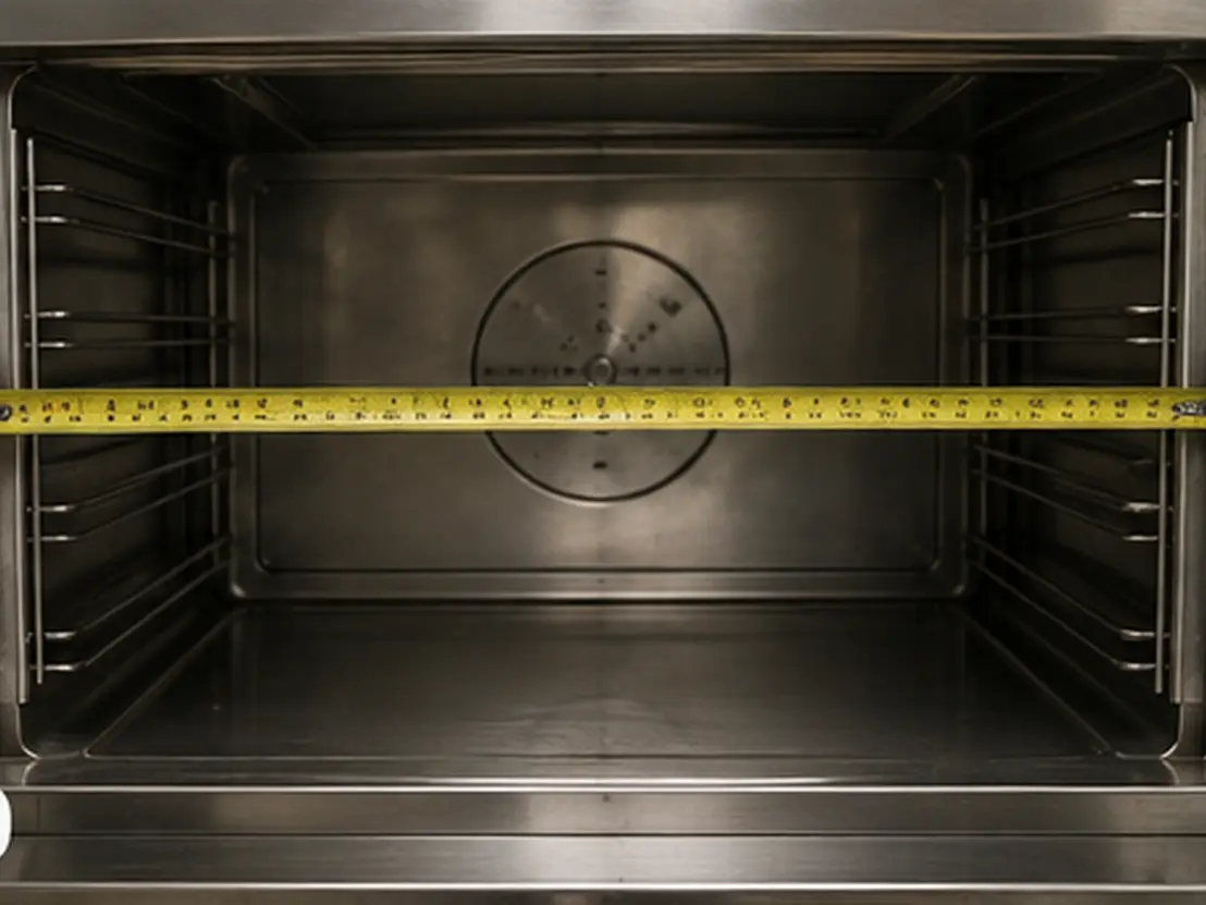 A tape measure extended across the internal width of an empty commercial oven cavity