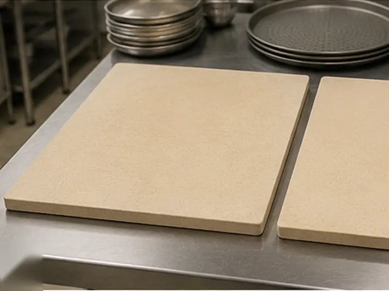 The two sized commercial stones of a conversion kit on a stainless prep table with perforated pizza pans