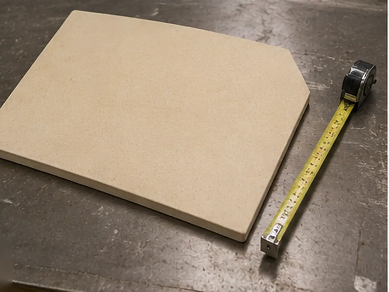 A commercial-grade stone cut to a non-standard shape, laid beside a tape measure