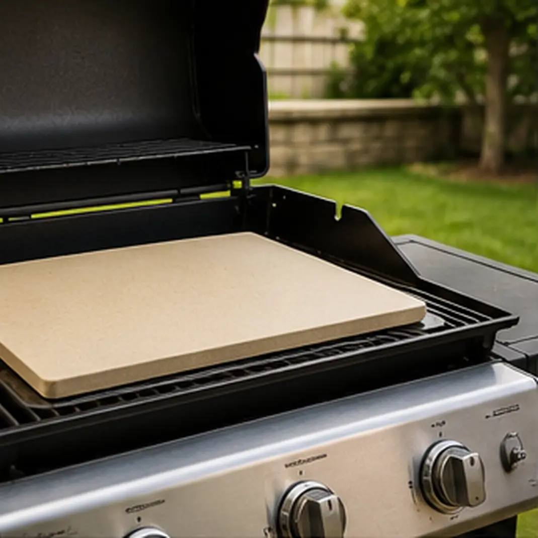 A baking stone set on a metal plate over a barbecue grate, lid open