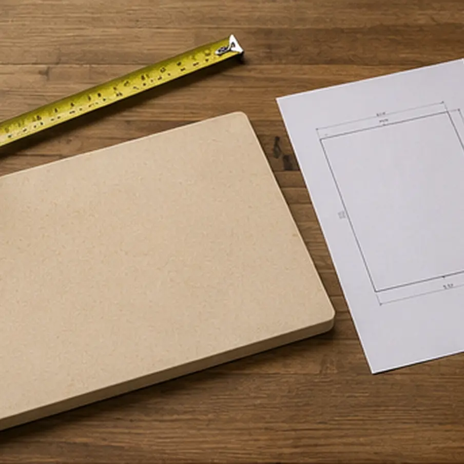 A rectangular baking stone beside a tape measure and a marked cutting template