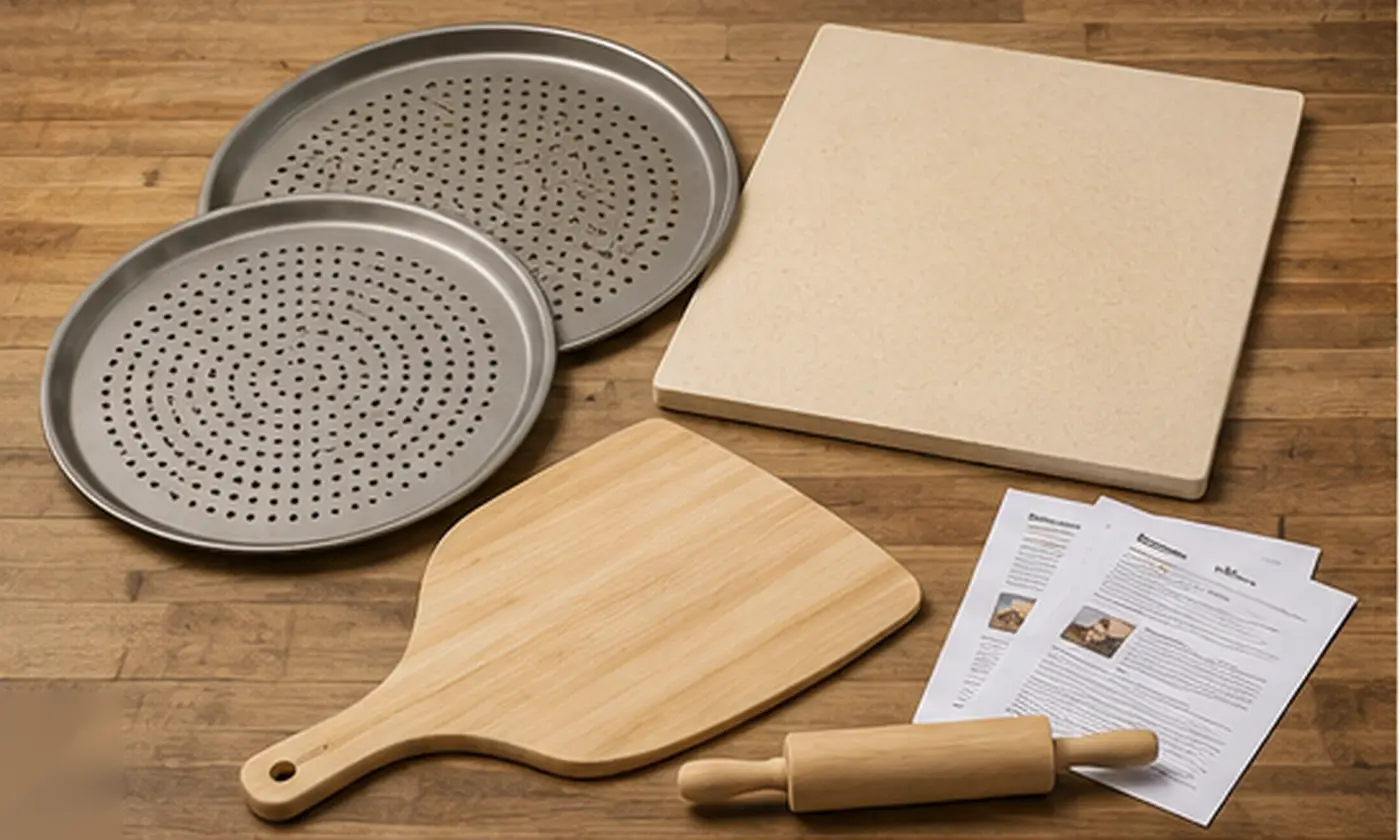 A residential baking stone laid out with perforated pizza pans, a wooden peel, a rolling pin, and printed instructions